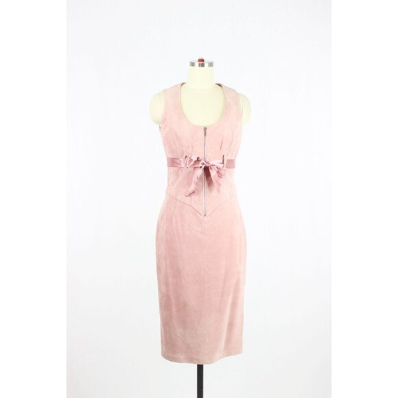 Danier Dresses & Skirts - Vintage 2000's DANIER Pink Suede Leather Satin Ribbon Midi Sheath Dress, Size 4